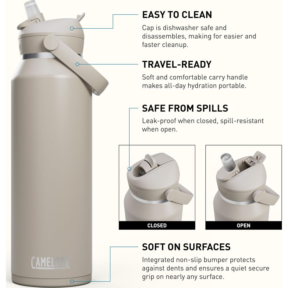 Eine tanne Camelbak-Wasserflasche mit Henkel. Merkmale sind hervorgehoben.