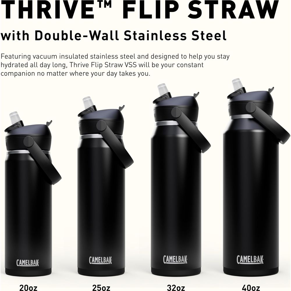 Vier schwarze Camelbak Thrive Flip Straw VSS Flaschen in Größen 20oz bis 40oz.