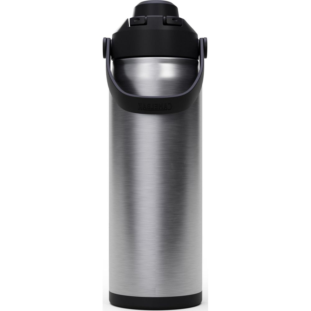 Eine silberne Edelstahlflasche mit schwarzem Deckel und Griff.