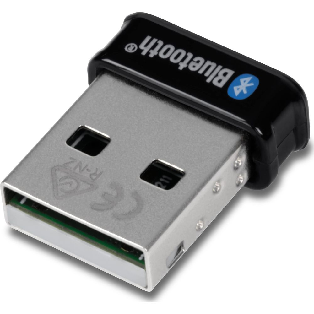 Un adaptateur USB Bluetooth noir avec connecteur métallique argenté. Le texte indique Bluetooth.