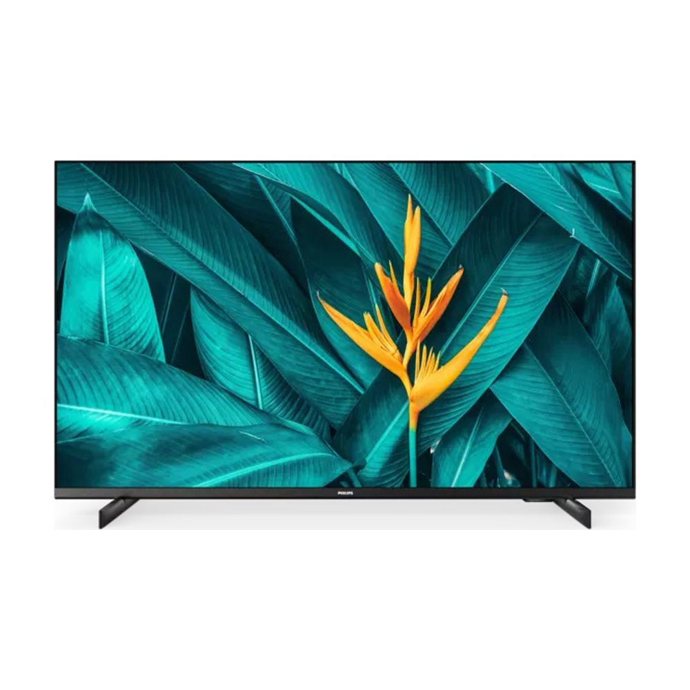 Czarny telewizor wyświetlający tropikalny wzór liści z żółtym kwiatem.