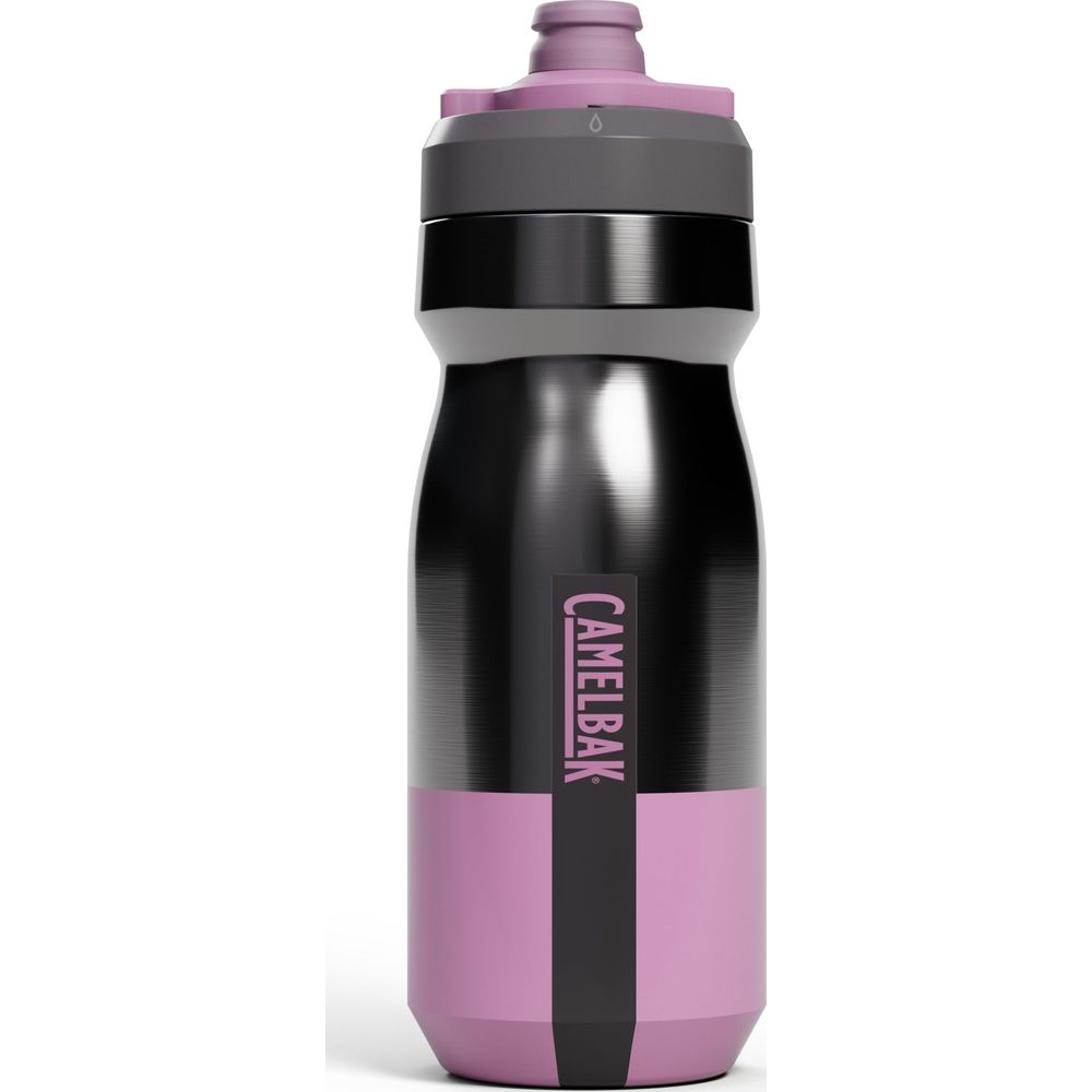 Eine glänzend schwarze Wasserflasche mit pinkem Band und grau/pinkem Deckel. Text: CAMELBAK.