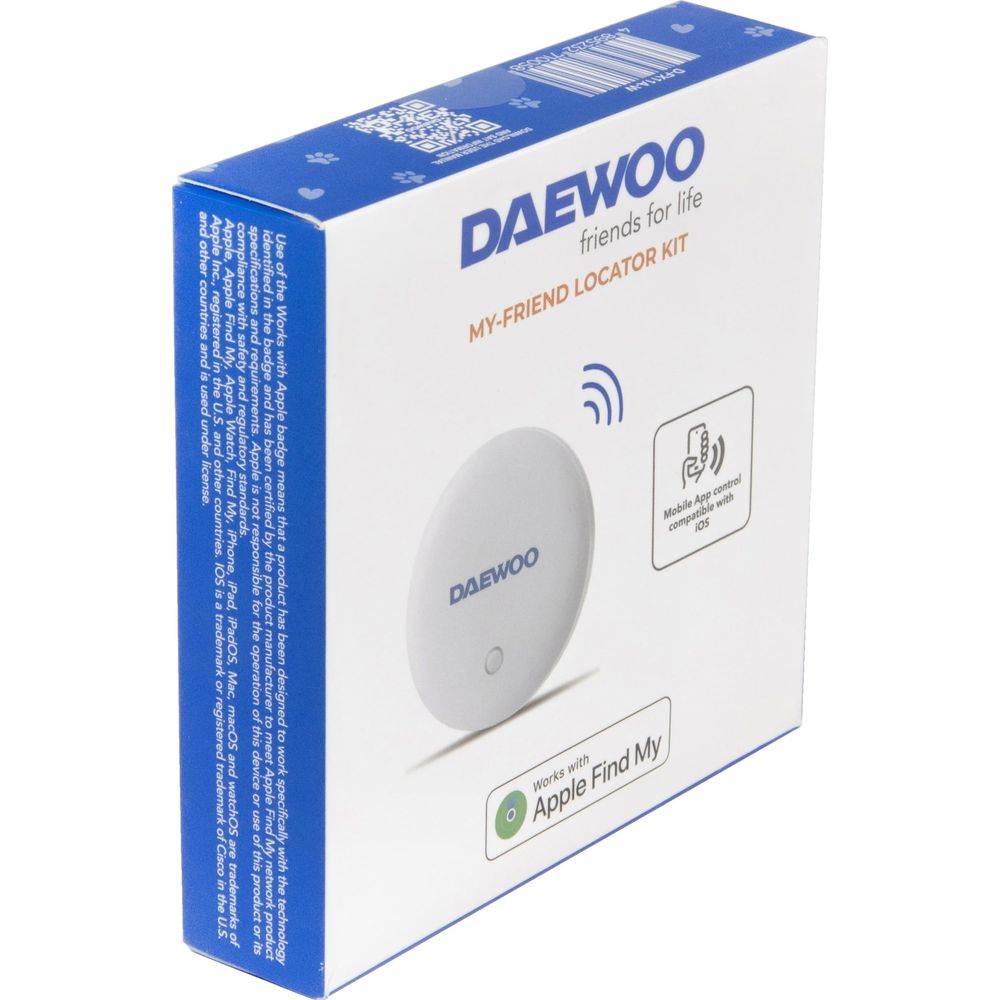Scatola bianca Daewoo My-Friend Locator Kit con testo e un localizzatore bianco rotondo.