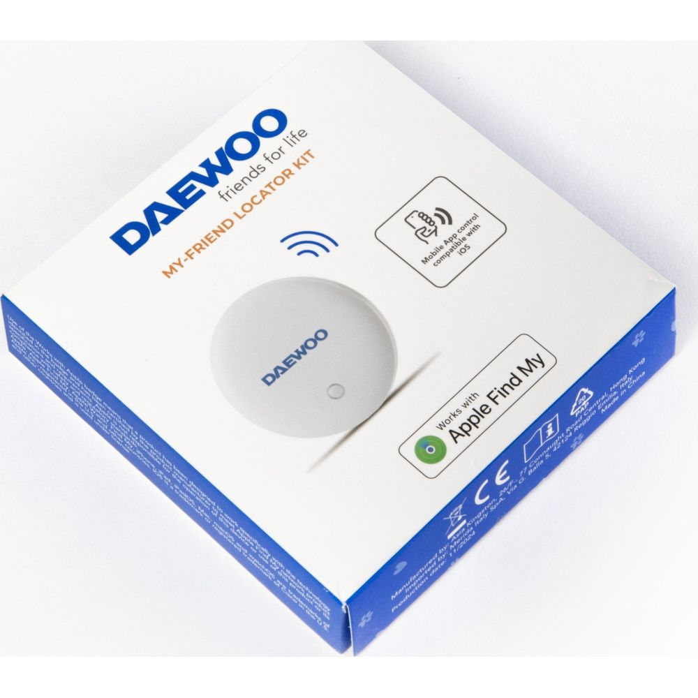 Kit localizzatore Daewoo My-Friend con tracker bianco sulla confezione.