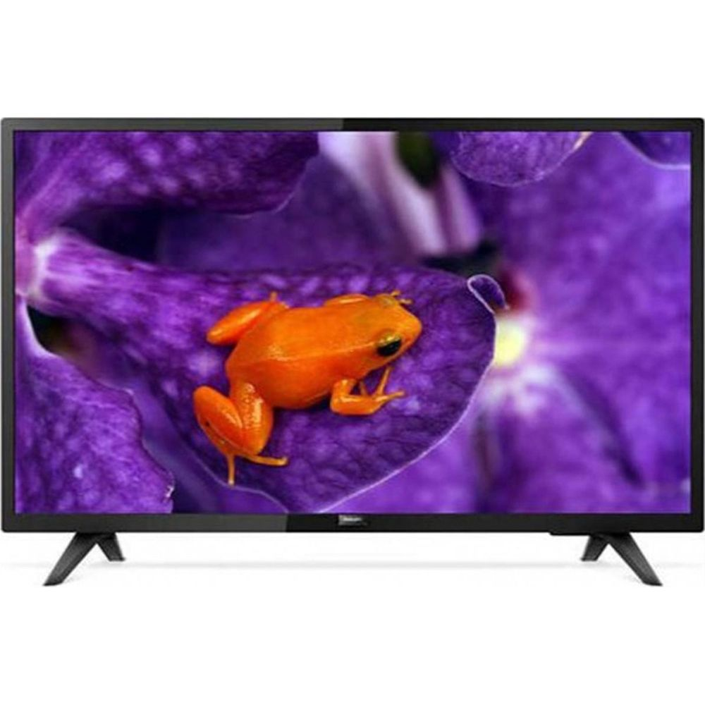 Une petite grenouille orange assise sur une fleur violette sur un écran de télévision.