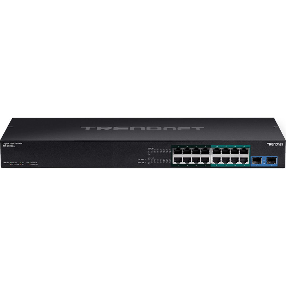 Switch Trendnet Gigabit PoE+ noir 16 ports avec indicateurs LED.