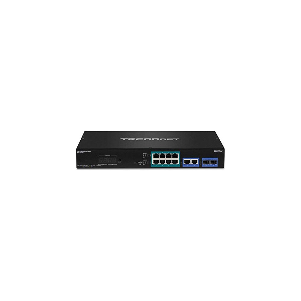 Schwarzer Netzwerk-Switch mit 8 Ethernet-Ports und 2 SFP-Ports.