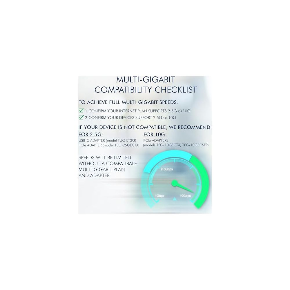 Liste compatibilité Multi-Gigabit : recommandations adaptateurs 2.5G/10G. Avec indicateur de vitesse.