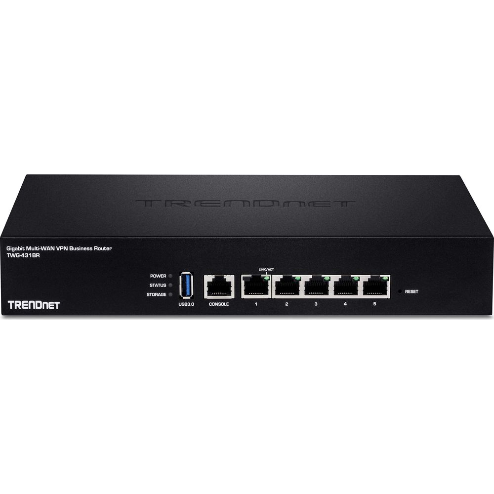 Zwarte router met poorten: USB 3.0, Console, 5x LAN. Status-LEDs en resetknop.