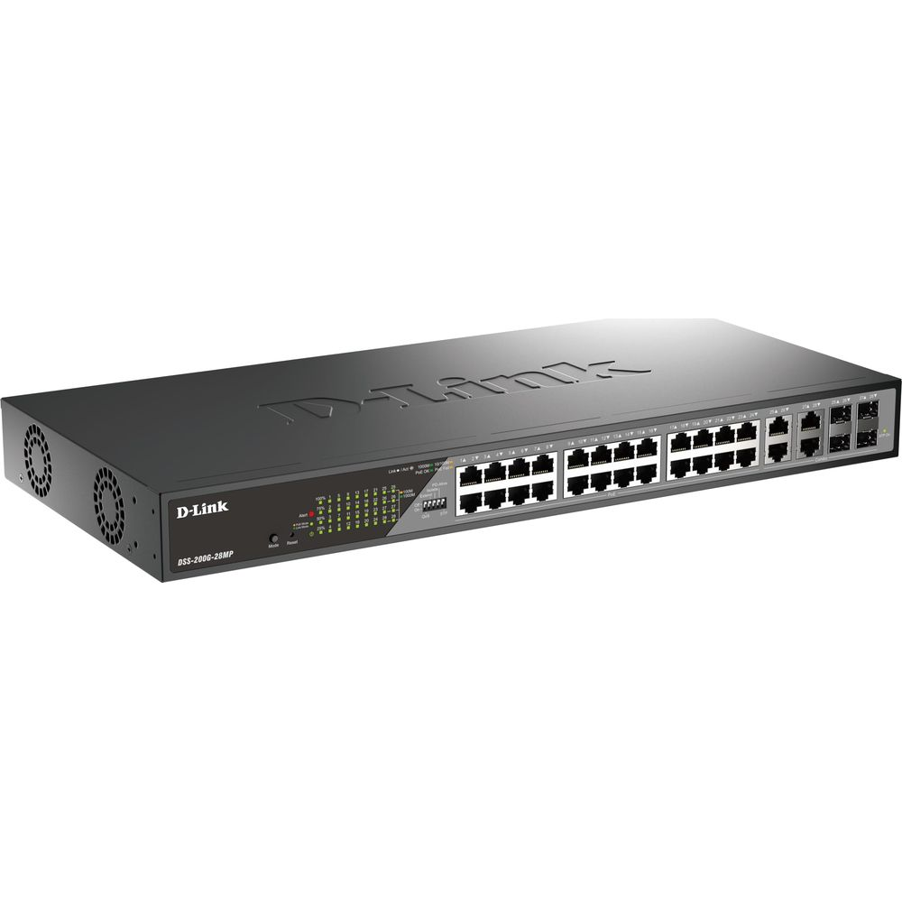 Uno switch di rete D-Link nero con molte porte e indicatori LED.