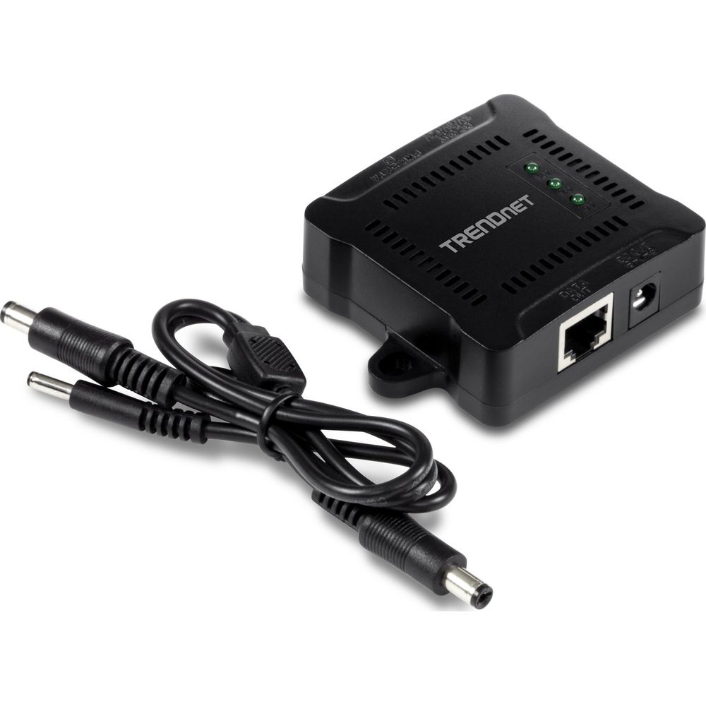 Schwarzes TRENDnet-Gerät mit Netzteilen und Ethernet-Kabel auf weißem Hintergrund.