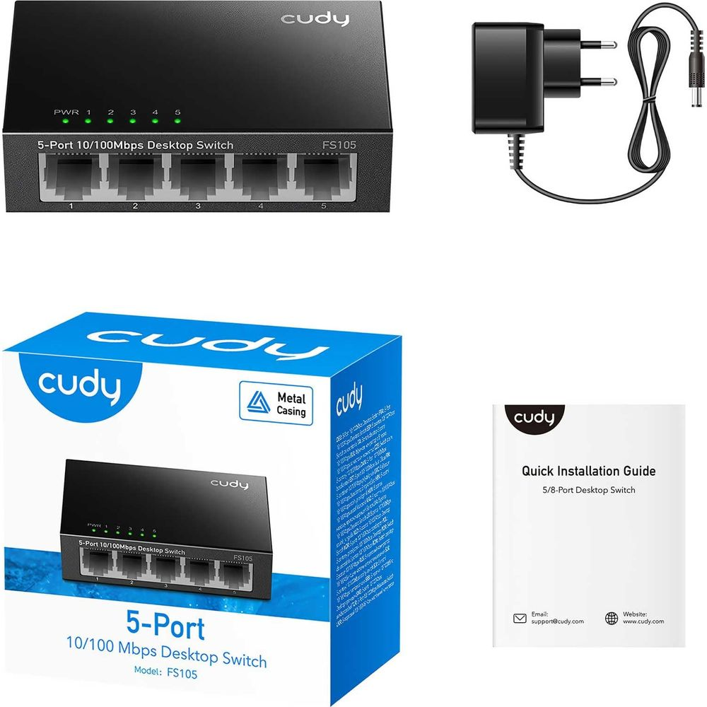 Cudy 5-Port Desktop Switch, Netzteil und Kurzanleitung.