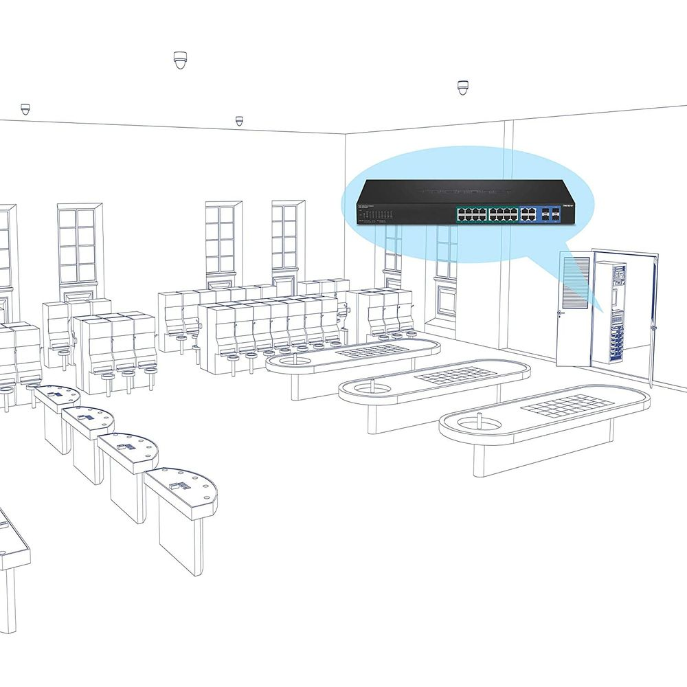 Illustration d'un commutateur réseau dans une pièce vide avec tables et chaises.