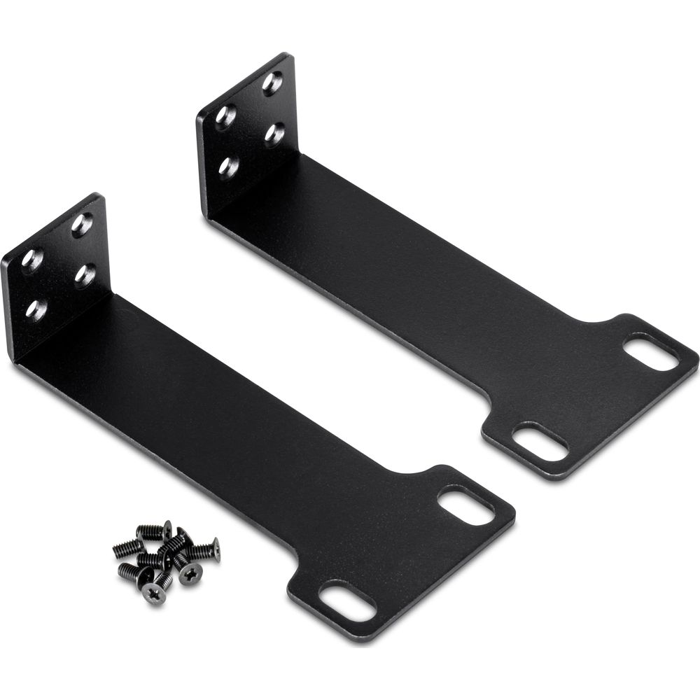 Deux supports métalliques noirs en forme de L avec vis sur fond blanc.