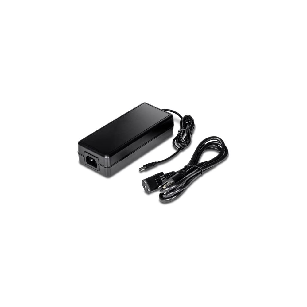 Un adaptateur secteur noir avec deux câbles et fiches sur fond blanc.