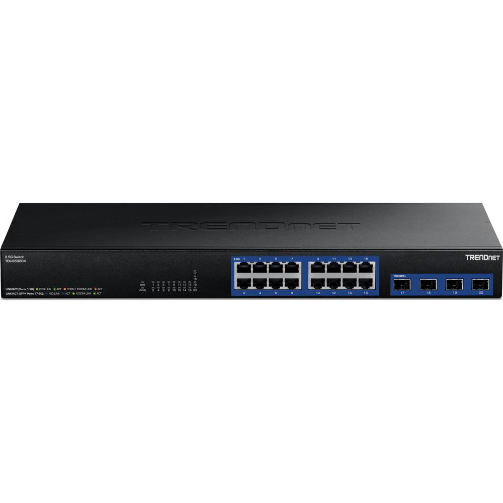 Ein schwarzer Netzwerk-Switch mit 20 Anschlüssen, darunter 16 Ethernet-Ports und 4 SFP-Ports.