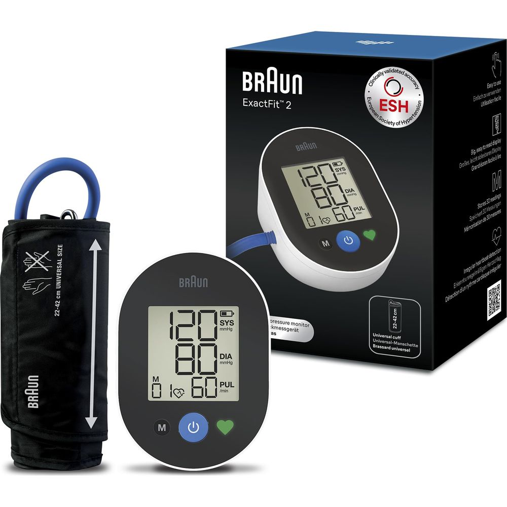 Braun Blutdruckmessgerät mit Manschette und Verpackung. Zeigt 120/80 mmHg an.
