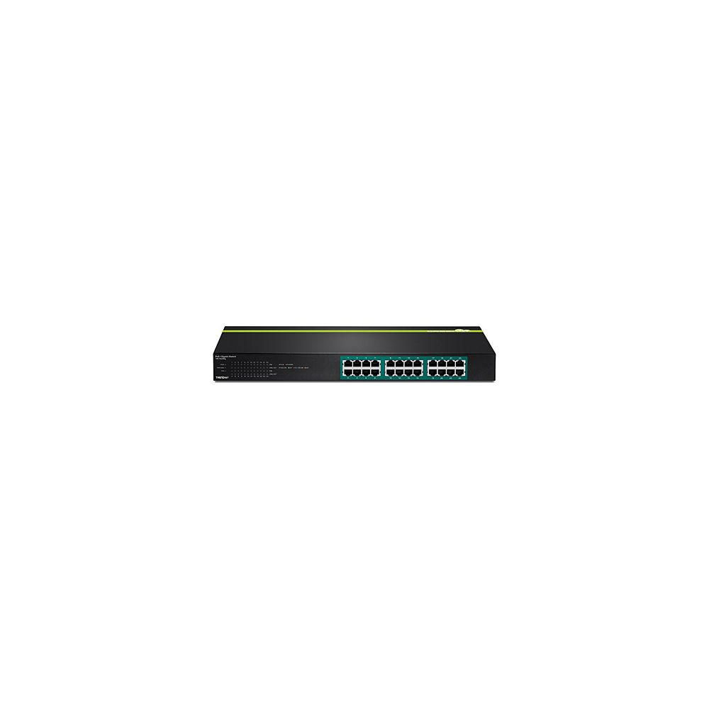 Ein schwarzer Netzwerk-Switch mit grünen Akzenten und 16 Ethernet-Ports.