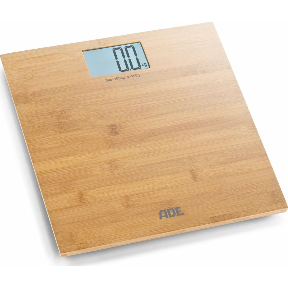 Una bilancia digitale in bambù con display LCD e logo ADE. Max 150kg.
