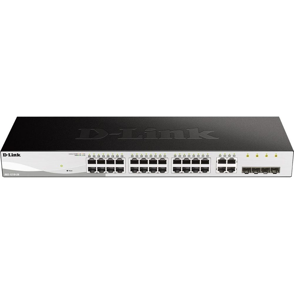 Switch di rete D-Link a 28 porte con porte RJ45 e LED di stato.