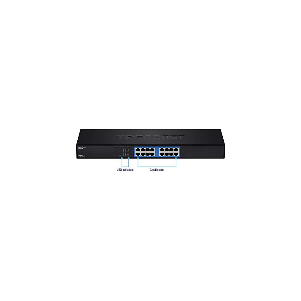 Switch réseau noir avec 16 ports gigabit et indicateurs LED.