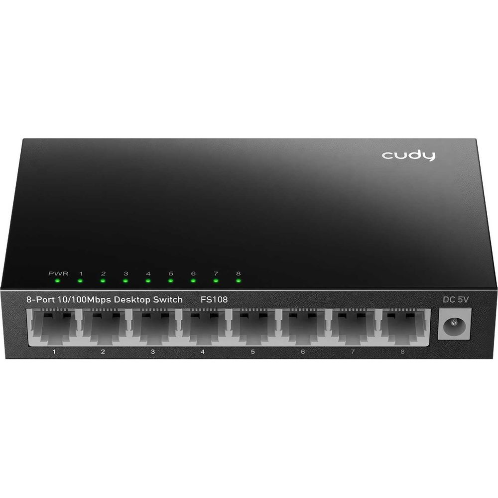 Cudy logolu siyah 8 portlu masaüstü ağ anahtarı, 8 Ethernet bağlantı noktası ve LED'ler.