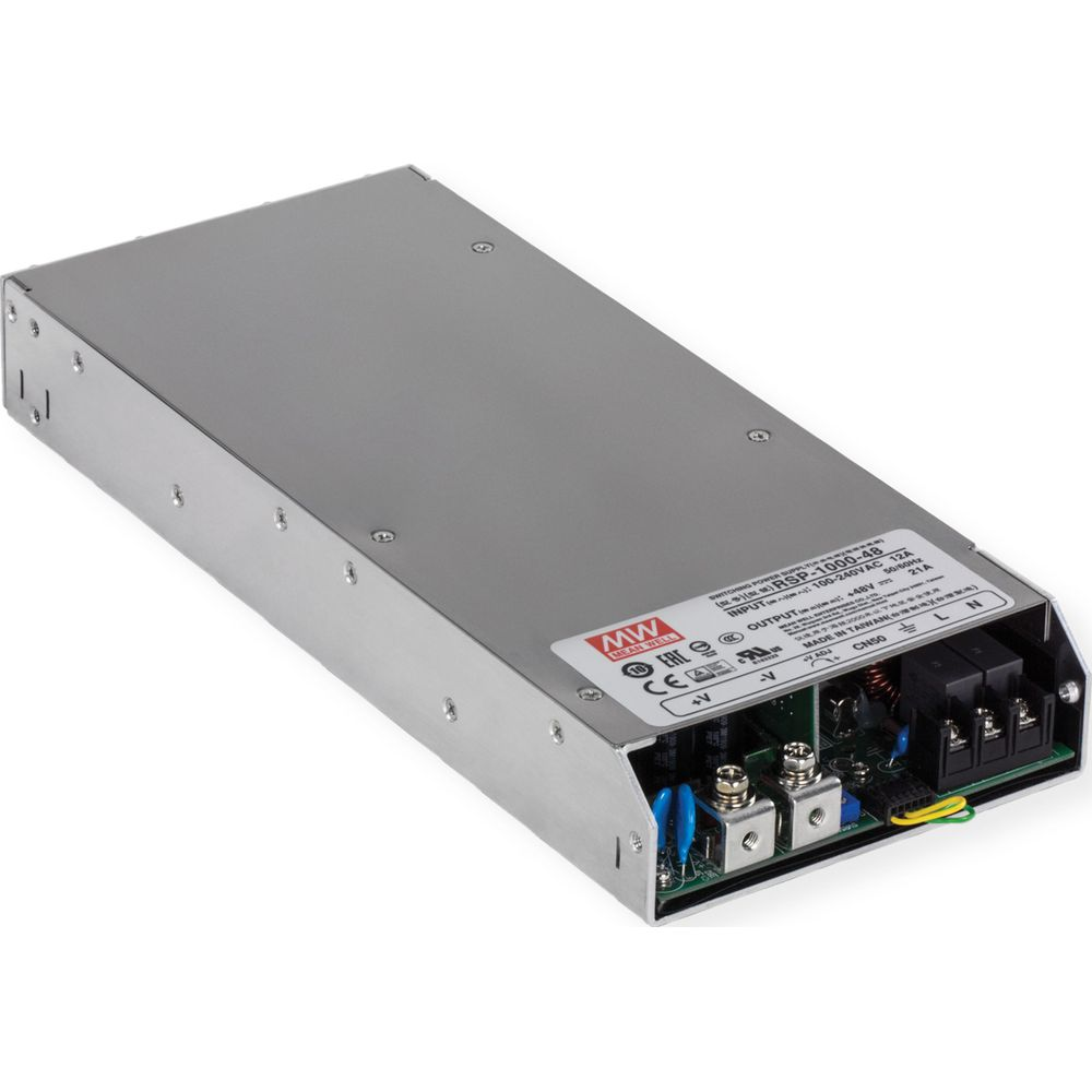 Un alimentatore switching argentato etichettato RSP-1000-48.