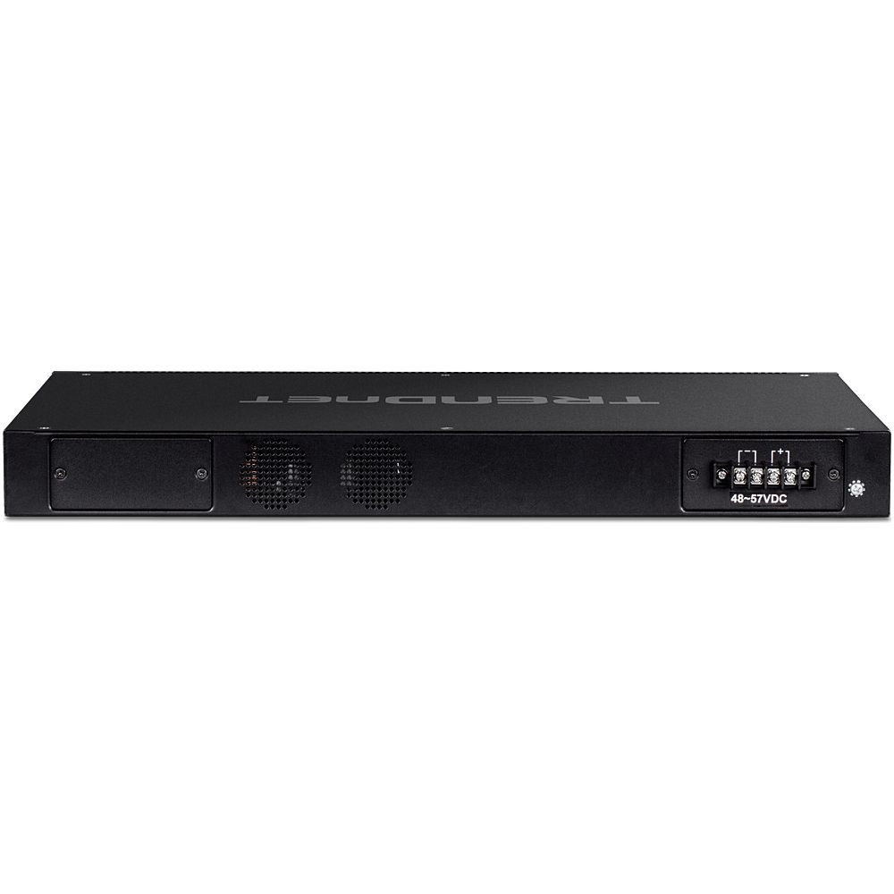 Dispositivo di rete nero con feritoie di ventilazione e connessione 48-57VDC.