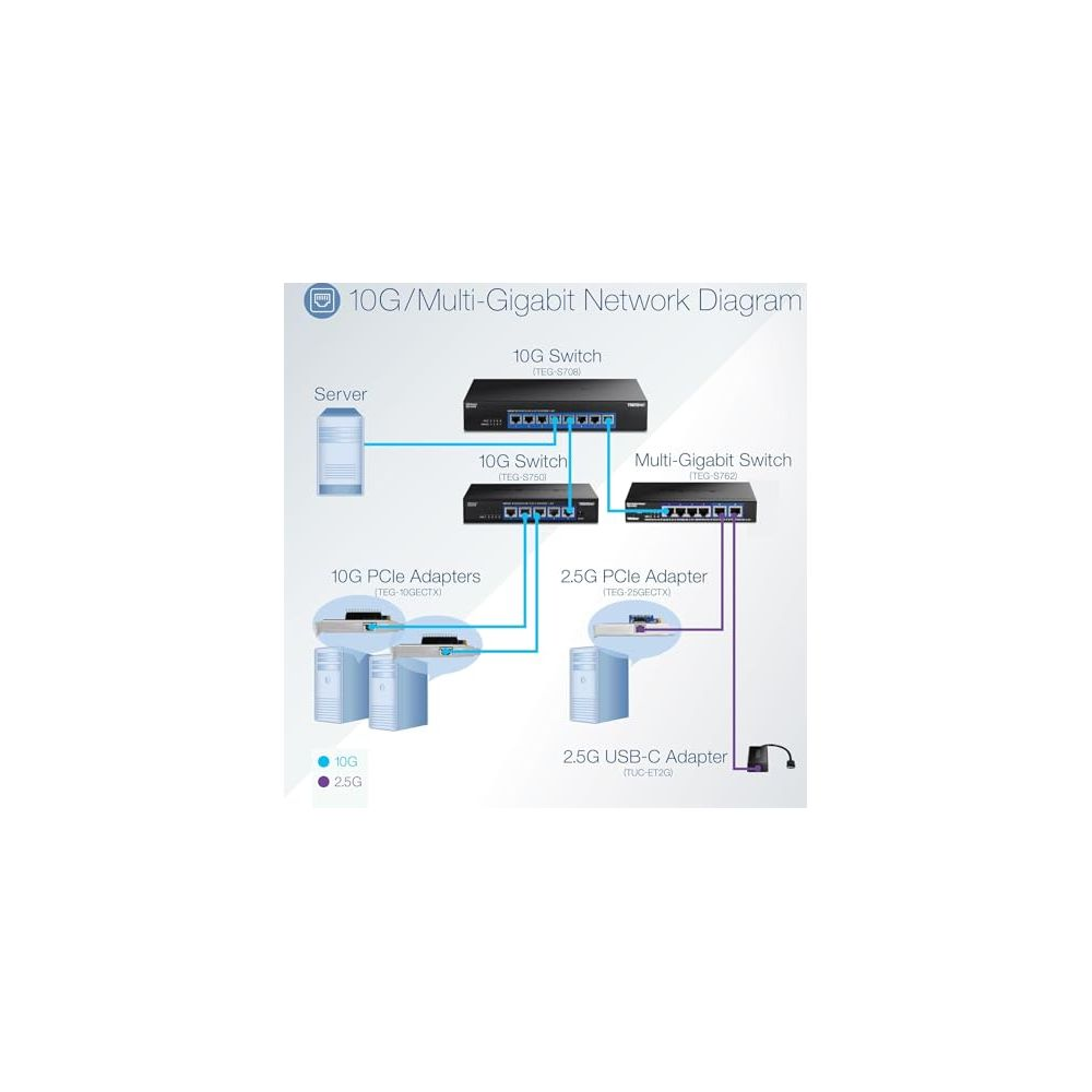 Netwerkdiagram met 10G/Multi-Gigabit verbindingen, servers, switches en adapters.