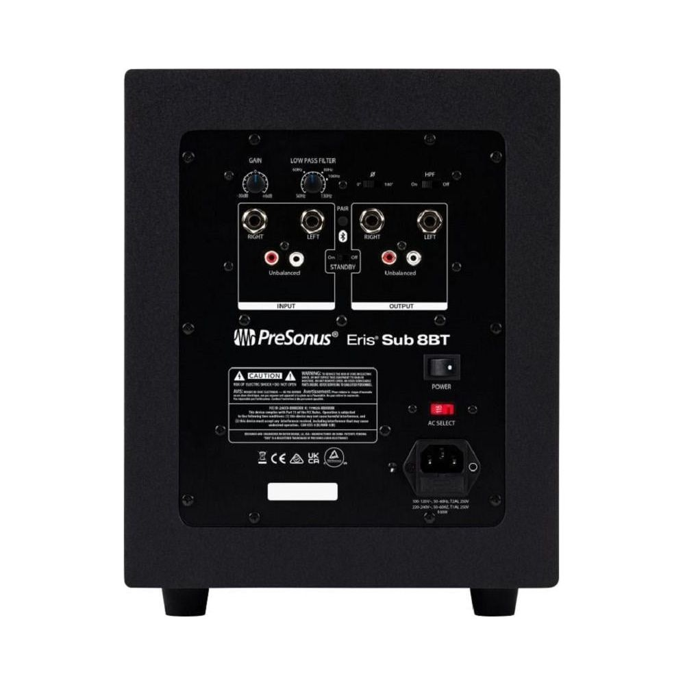 Retro di un subwoofer nero con connessioni, controlli ed etichette.