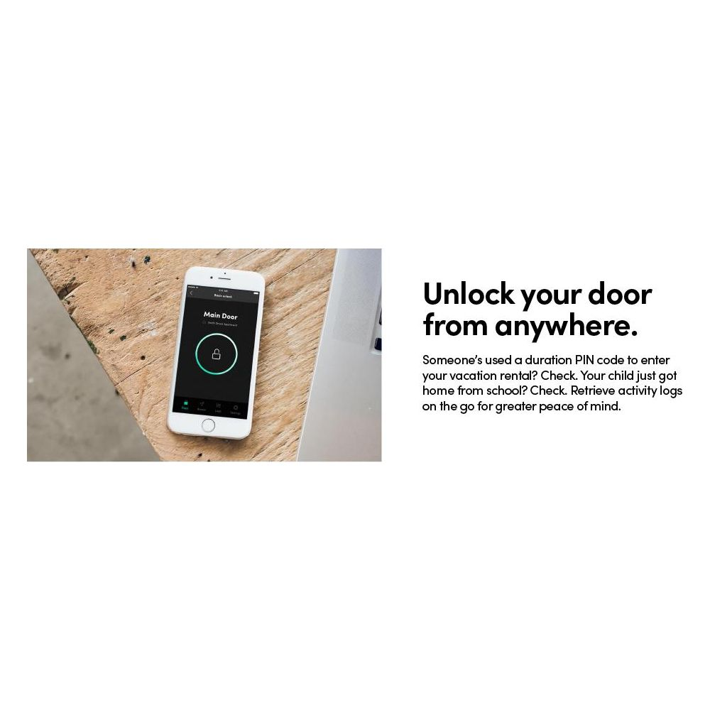 Smartphone zeigt eine Smart-Lock-App mit 'Main Door' und einem Schloss-Symbol.