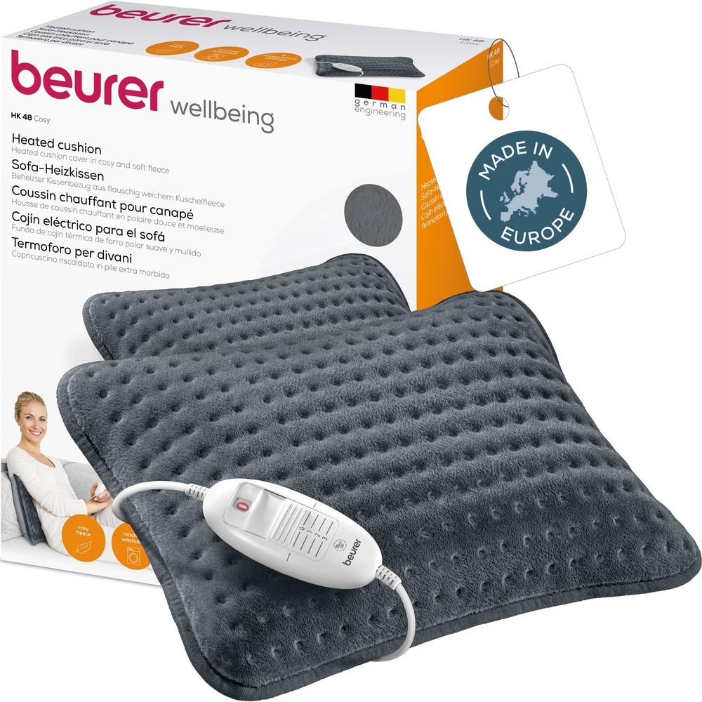 Grijze Beurer verwarmingskussens met witte bediening en kabel.