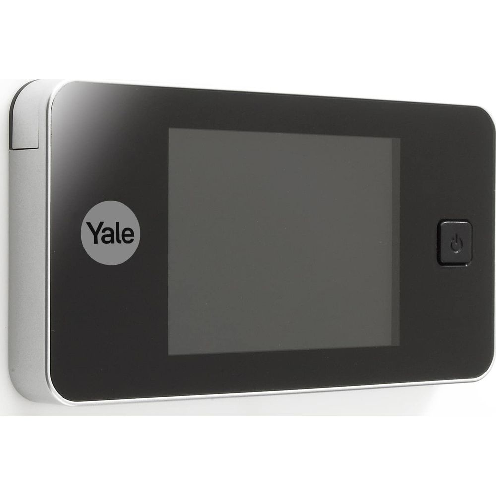 Un visor de puerta plateado con pantalla negra y el logo de Yale.