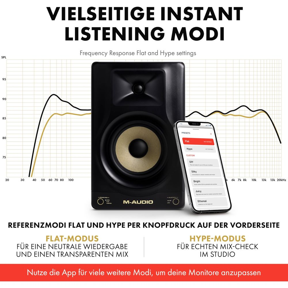 Monitor da studio con grafico di risposta in frequenza e app per smartphone per varie modalità.