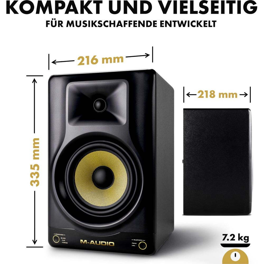 Altoparlante M-Audio nero con woofer giallo. Dimensioni: 335x216x218mm, 7.2kg.
