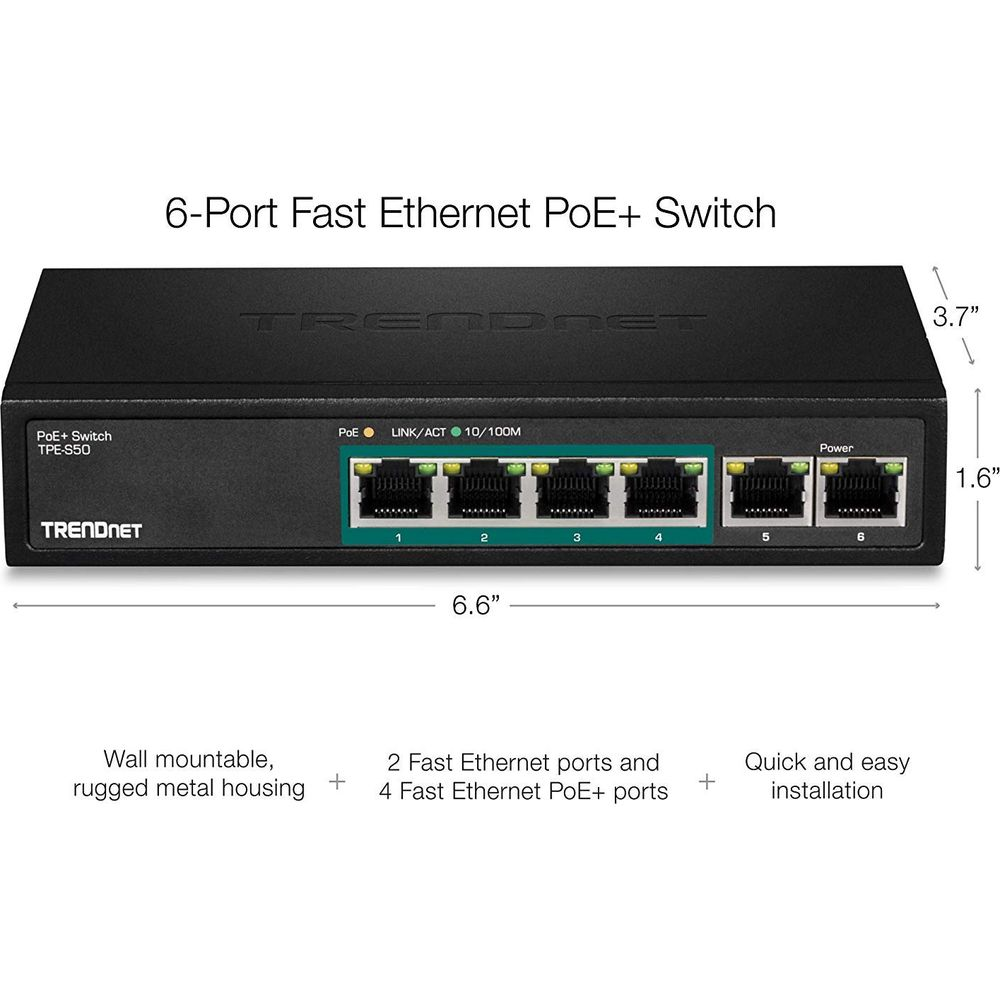 Ein schwarzer 6-Port-Switch mit 6 Ethernet-Anschlüssen und LED-Anzeigen.