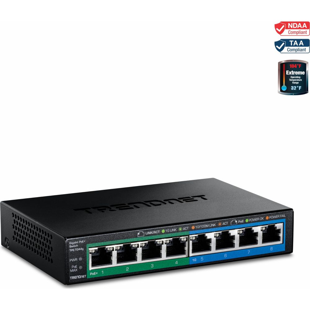 Ein schwarzer Netzwerk-Switch mit 8 Ports und Status-LEDs. Oben rechts sind Compliance-Logos.
