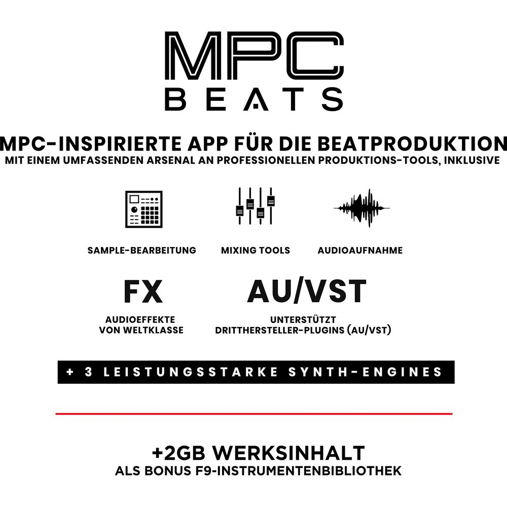 MPC Beats App mit Sample-Bearbeitung, Mixing Tools, Audioaufnahme, FX und AU/VST-Unterstützung.
