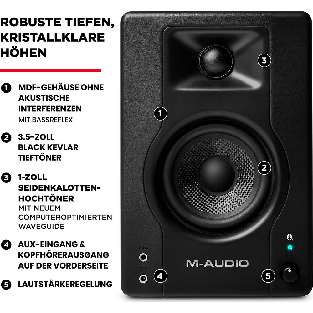 Schwarzer M-Audio Lautsprecher mit Beschriftungen für Tief- und Hochtöner, Bassreflex.