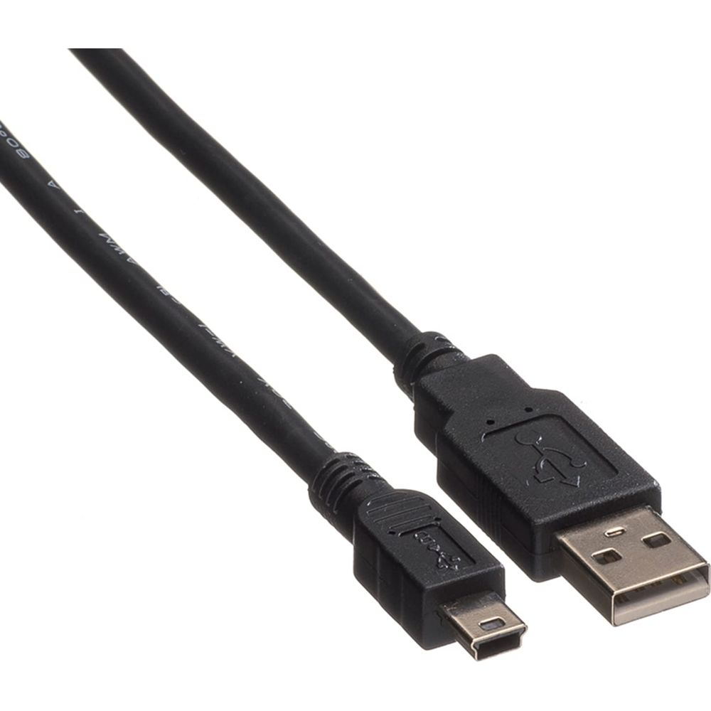 Un câble USB noir avec un connecteur USB-A standard et un connecteur mini-USB.
