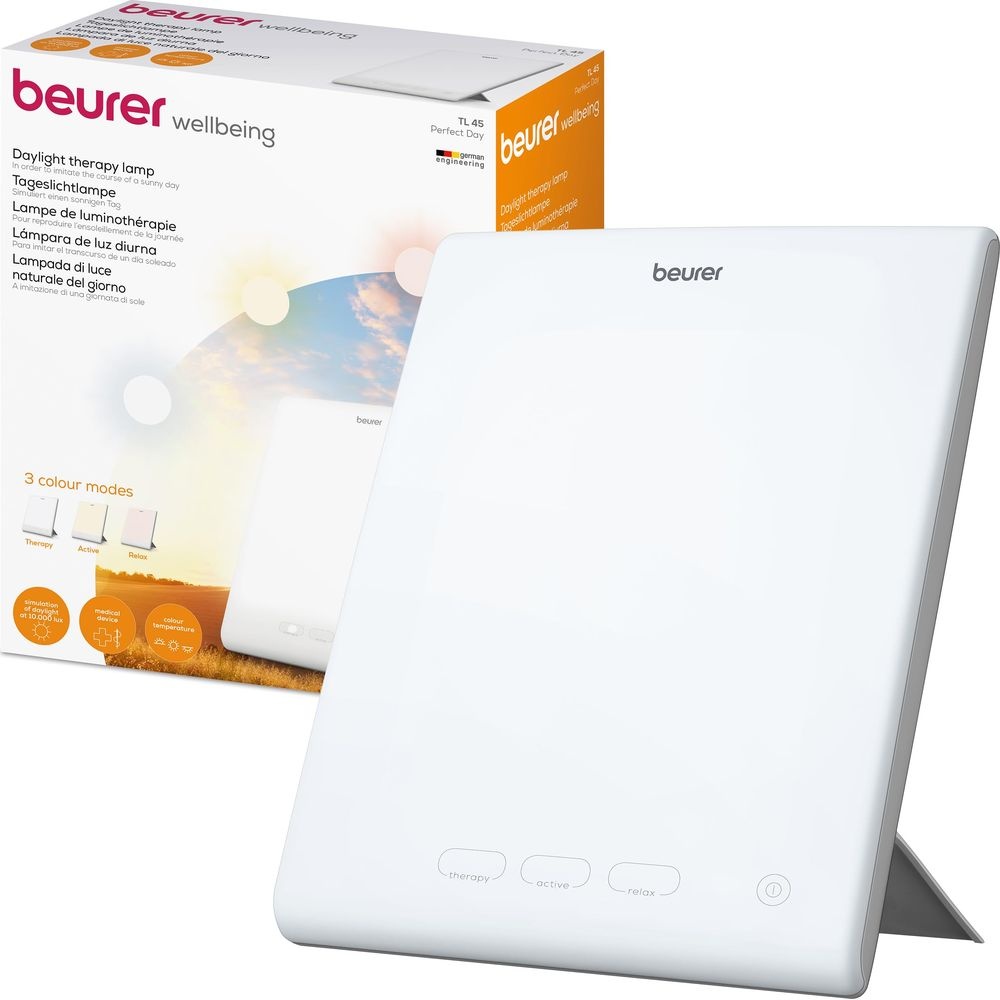 Ein weißes Beurer Tageslichttherapiegerät mit Box, das drei Modi hat.