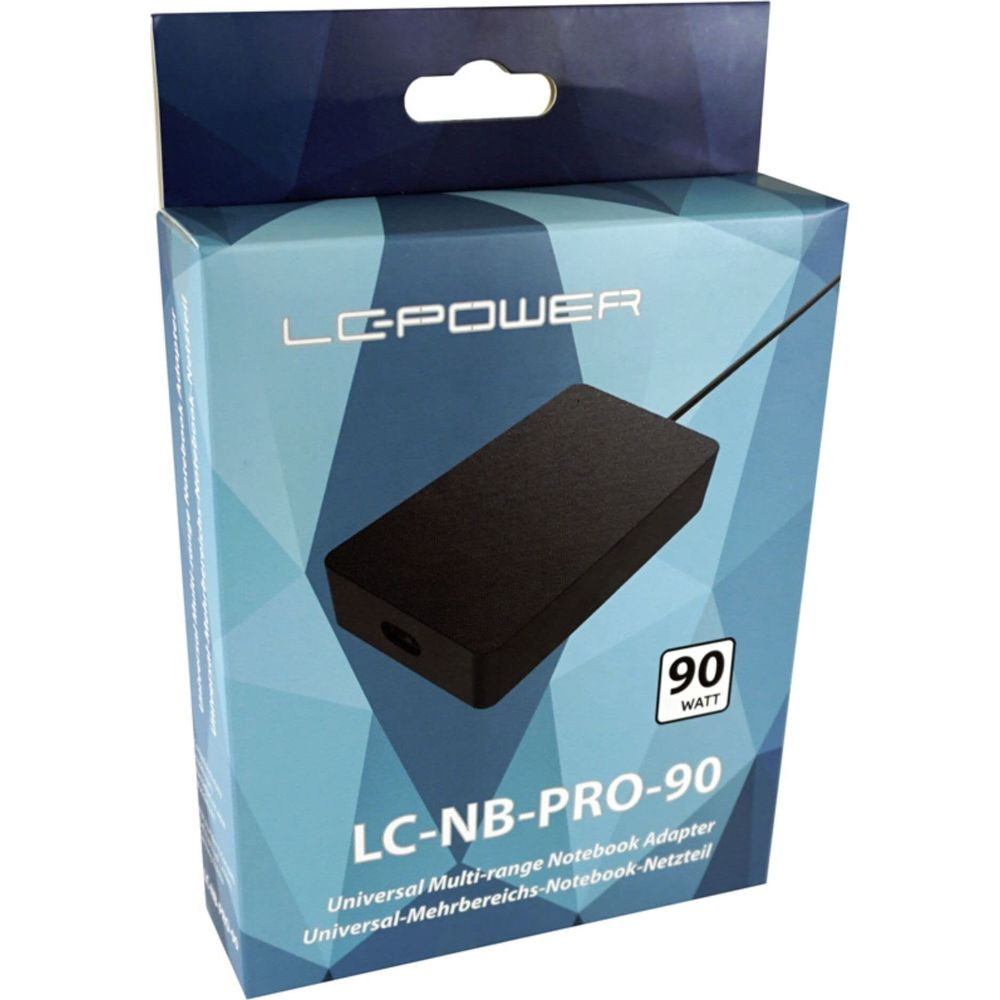 Pudełko czarnego zasilacza do laptopa LC-NB-PRO-90 90W firmy LC-Power.