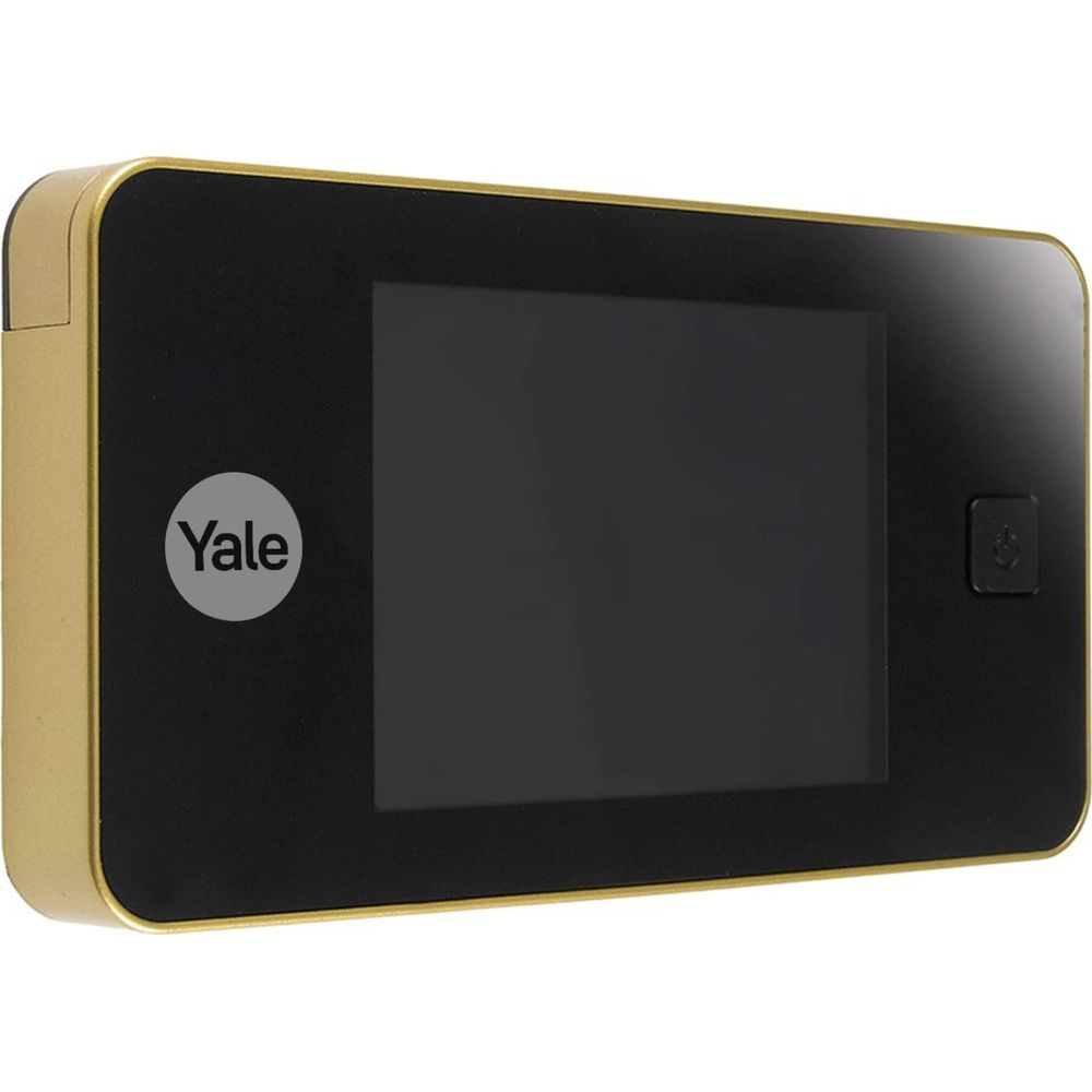Un visore digitale per porta oro e nero con logo Yale.