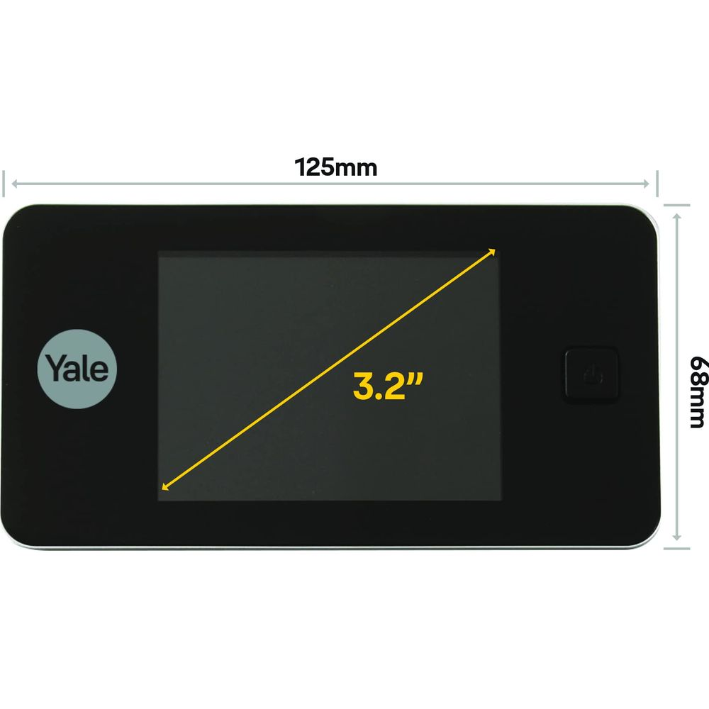 Un dispositivo Yale nero con schermo da 3,2 pollici, largo 125 mm e alto 68 mm.