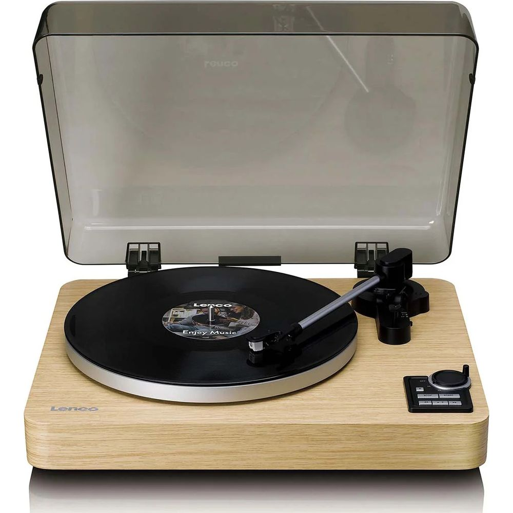 Drewniany gramofon z czarną płytą winylową i przezroczystą pokrywą.