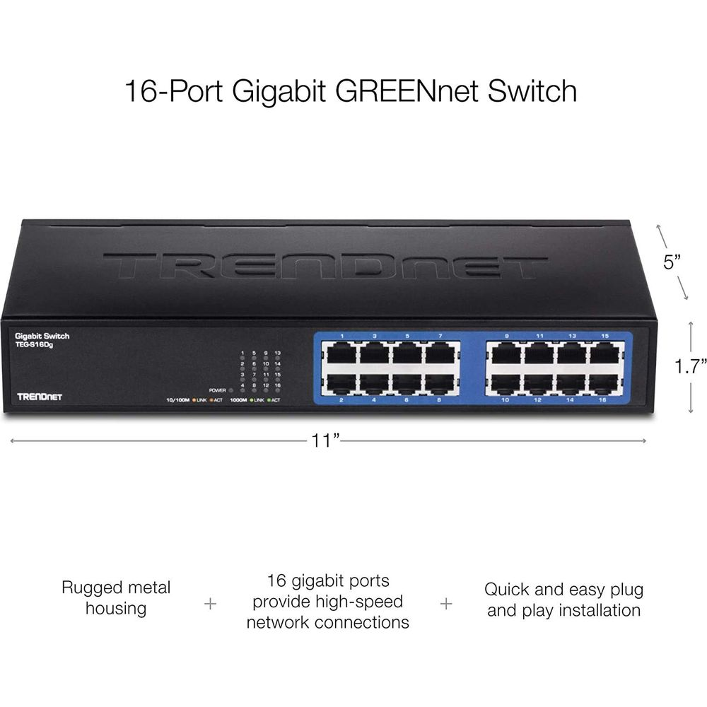 Ein schwarzer 16-Port Gigabit Switch mit TRENDNET-Logo und Netzwerkanzeigen.
