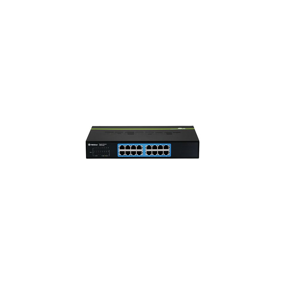 Schwarzer Netzwerk-Switch mit 16 blauen Ethernet-Anschlüssen und grünem Streifen.