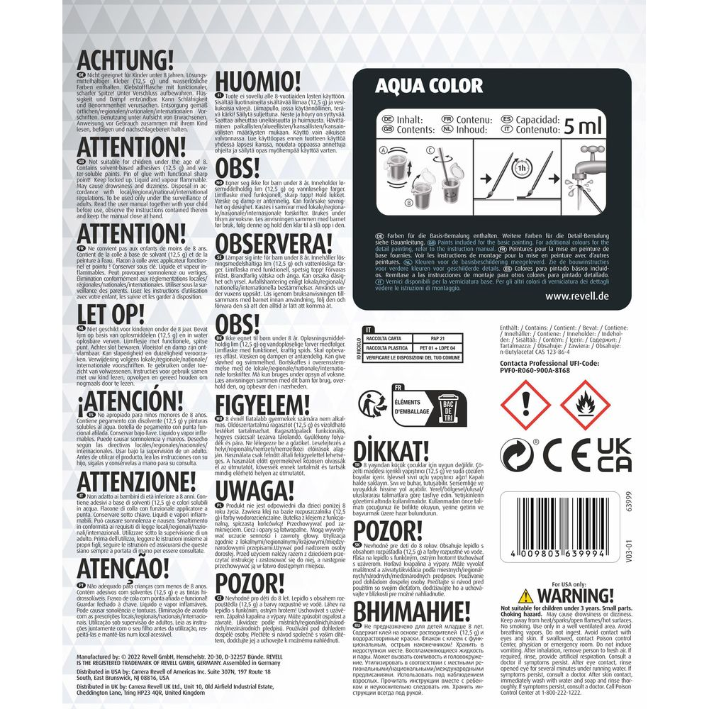 Avertissements et instructions pour la peinture Revell Aqua Color en plusieurs langues.