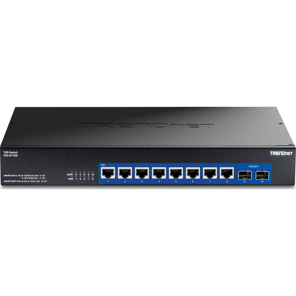 Un switch 10G noir à 10 ports : 8x 10G RJ45 et 2x 10G SFP+.