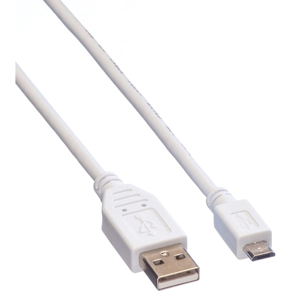 Un cavo USB bianco con connettori USB standard A e micro-USB.